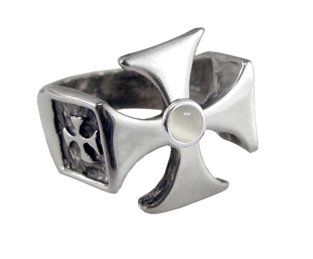 Sterling Silver Iron Cross Ring With White Moonstone For a Man or Woman Size 7